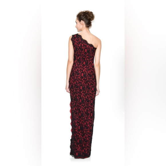 Tadashi Shoji Black and Red Lace One-Shoulder Gown - Picture 9 of 15